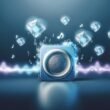 Modernes Headerbild mit stilisiertem Sonos-Lautsprecher, pulsierenden Audio-Wellen, transparenten NFT-Musiknoten und dezenten Krypto-Symbolen im Hintergrund.