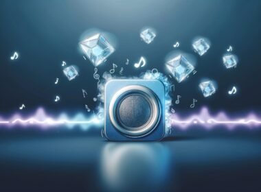 Modernes Headerbild mit stilisiertem Sonos-Lautsprecher, pulsierenden Audio-Wellen, transparenten NFT-Musiknoten und dezenten Krypto-Symbolen im Hintergrund.