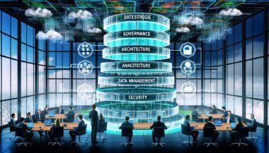Geschäftsleute analysieren in einem High-Tech-Umfeld ein transparentes, geschichtetes Datenstrategie-Framework mit Bereichen wie Governance, Architektur, Security und Monetarisierung, umgeben von digitalen Dashboards und Datenströmen.