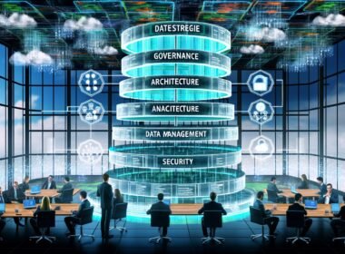 Geschäftsleute analysieren in einem High-Tech-Umfeld ein transparentes, geschichtetes Datenstrategie-Framework mit Bereichen wie Governance, Architektur, Security und Monetarisierung, umgeben von digitalen Dashboards und Datenströmen.