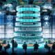 Geschäftsleute analysieren in einem High-Tech-Umfeld ein transparentes, geschichtetes Datenstrategie-Framework mit Bereichen wie Governance, Architektur, Security und Monetarisierung, umgeben von digitalen Dashboards und Datenströmen.