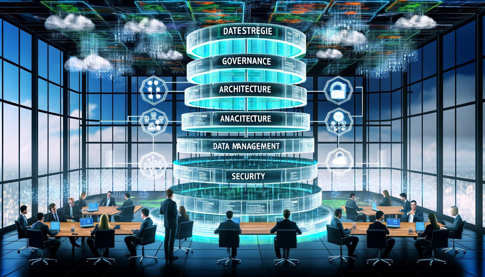 Geschäftsleute analysieren in einem High-Tech-Umfeld ein transparentes, geschichtetes Datenstrategie-Framework mit Bereichen wie Governance, Architektur, Security und Monetarisierung, umgeben von digitalen Dashboards und Datenströmen.