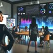 Vorstand betrachtet ein großes digitales KPI-Dashboard mit Metriken und Diagrammen, im Hintergrund Teams an Laptops und Whiteboards in einem modernen Konferenzraum.