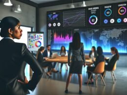 Vorstand betrachtet ein großes digitales KPI-Dashboard mit Metriken und Diagrammen, im Hintergrund Teams an Laptops und Whiteboards in einem modernen Konferenzraum.