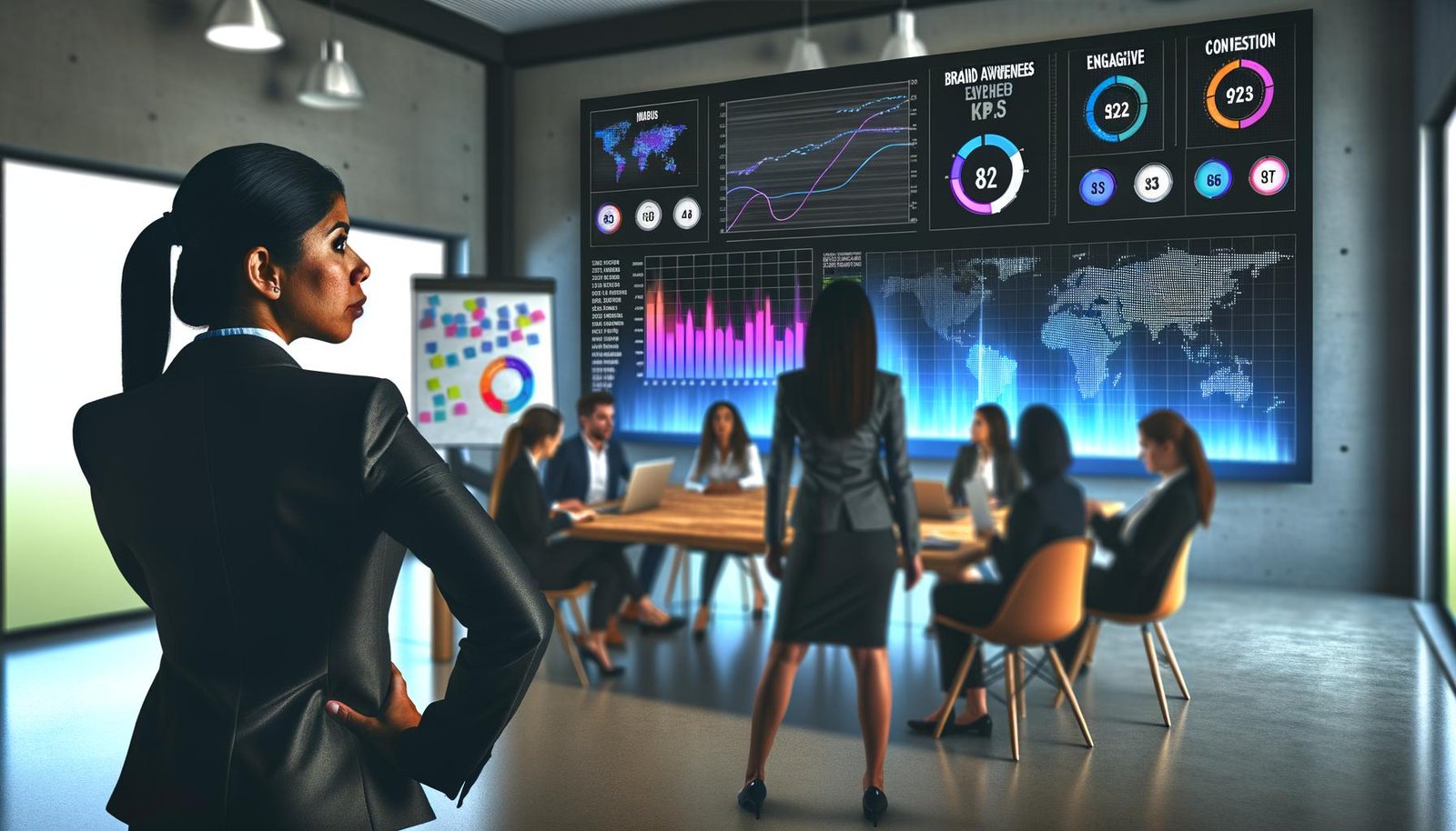 Vorstand betrachtet ein großes digitales KPI-Dashboard mit Metriken und Diagrammen, im Hintergrund Teams an Laptops und Whiteboards in einem modernen Konferenzraum.