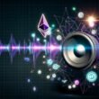 Digitales Artwork mit 3D-Soundwellen, Blockchain-Symbolen, NFT-Token und Sonos-Box auf einem cyberpunk-inspirierten Magazin-Layout
