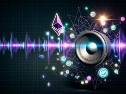 Digitales Artwork mit 3D-Soundwellen, Blockchain-Symbolen, NFT-Token und Sonos-Box auf einem cyberpunk-inspirierten Magazin-Layout
