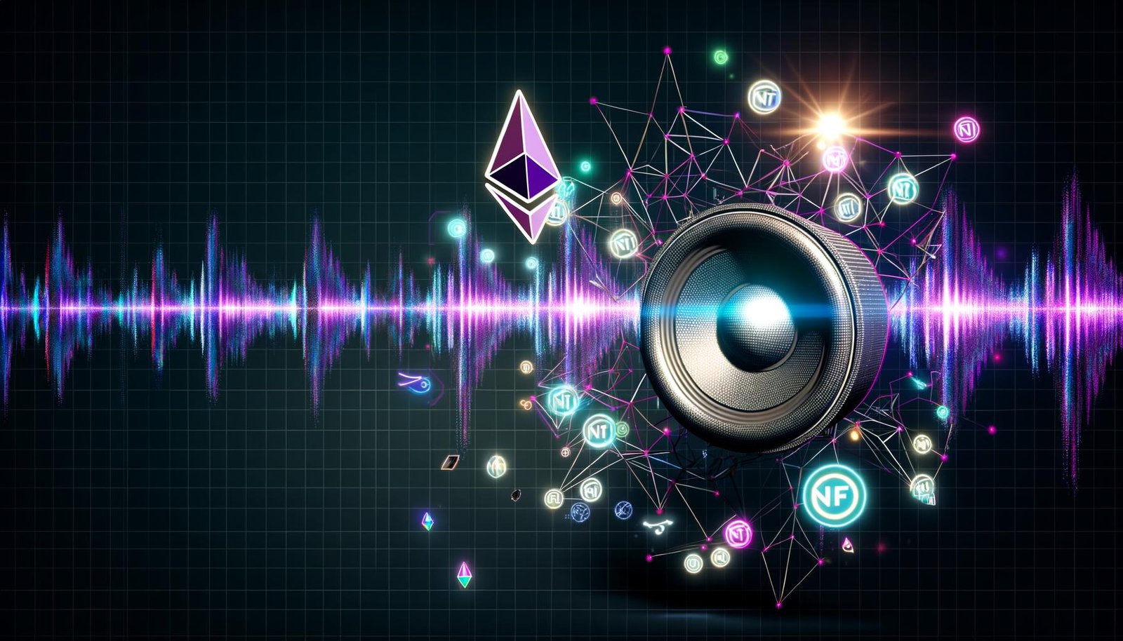 Digitales Artwork mit 3D-Soundwellen, Blockchain-Symbolen, NFT-Token und Sonos-Box auf einem cyberpunk-inspirierten Magazin-Layout