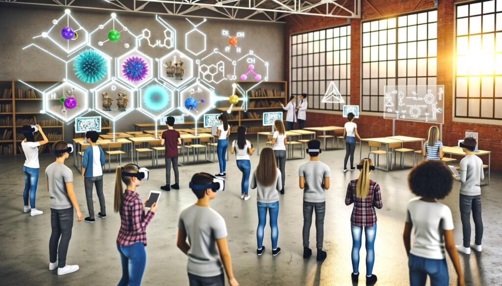 Junge Menschen lernen im futuristischen Klassenzimmer mit VR-Brillen, Tablets und Hologrammen, während Lehrkräfte sie unterstützen. Klassischer Unterricht verblasst im Hintergrund.