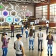 Junge Menschen lernen im futuristischen Klassenzimmer mit VR-Brillen, Tablets und Hologrammen, während Lehrkräfte sie unterstützen. Klassischer Unterricht verblasst im Hintergrund.