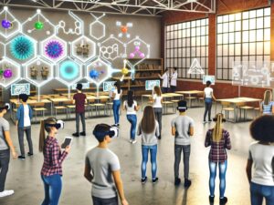 Junge Menschen lernen im futuristischen Klassenzimmer mit VR-Brillen, Tablets und Hologrammen, während Lehrkräfte sie unterstützen. Klassischer Unterricht verblasst im Hintergrund.
