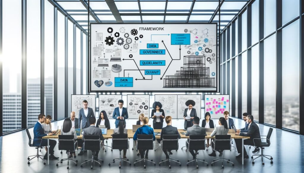 Team aus Data Scientists und IT-Spezialisten arbeitet im modernen Büro gemeinsam an digitalem Touchscreen mit komplexen Daten- und Framework-Diagrammen.