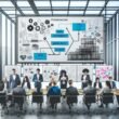 Team aus Data Scientists und IT-Spezialisten arbeitet im modernen Büro gemeinsam an digitalem Touchscreen mit komplexen Daten- und Framework-Diagrammen.