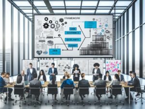 Team aus Data Scientists und IT-Spezialisten arbeitet im modernen Büro gemeinsam an digitalem Touchscreen mit komplexen Daten- und Framework-Diagrammen.