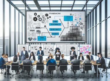 Team aus Data Scientists und IT-Spezialisten arbeitet im modernen Büro gemeinsam an digitalem Touchscreen mit komplexen Daten- und Framework-Diagrammen.