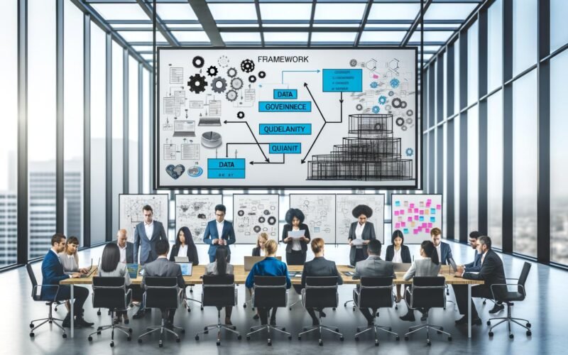 Team aus Data Scientists und IT-Spezialisten arbeitet im modernen Büro gemeinsam an digitalem Touchscreen mit komplexen Daten- und Framework-Diagrammen.