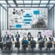 Team aus Data Scientists und IT-Spezialisten arbeitet im modernen Büro gemeinsam an digitalem Touchscreen mit komplexen Daten- und Framework-Diagrammen.