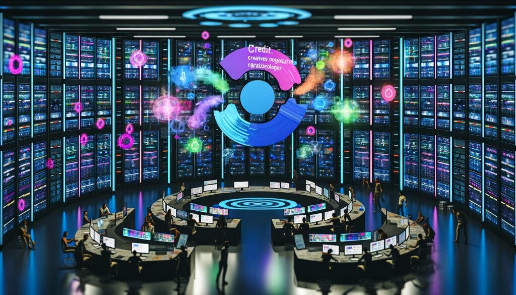 Futuristischer Maschinenraum mit Servern, Datenströmen, Hologramm-Dashboards und einer leuchtenden Markenikone, umgeben von einem kreativen und technischen Team.