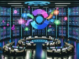 Futuristischer Maschinenraum mit Servern, Datenströmen, Hologramm-Dashboards und einer leuchtenden Markenikone, umgeben von einem kreativen und technischen Team.