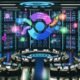 Futuristischer Maschinenraum mit Servern, Datenströmen, Hologramm-Dashboards und einer leuchtenden Markenikone, umgeben von einem kreativen und technischen Team.