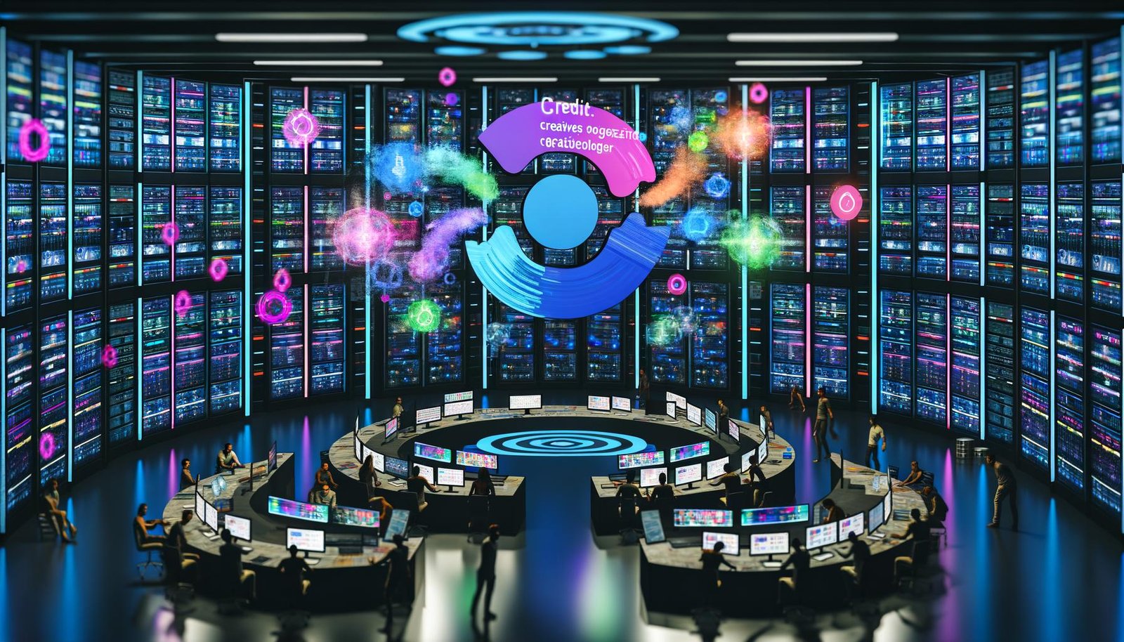 Futuristischer Maschinenraum mit Servern, Datenströmen, Hologramm-Dashboards und einer leuchtenden Markenikone, umgeben von einem kreativen und technischen Team.