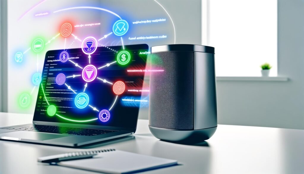 Sonos-Lautsprecher neben Laptop mit offenem API-Dashboard, technischen Integrationsdiagrammen, farbigen Funnels und technischen Icons auf einem modernen Schreibtisch.