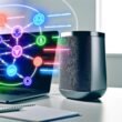 Sonos-Lautsprecher neben Laptop mit offenem API-Dashboard, technischen Integrationsdiagrammen, farbigen Funnels und technischen Icons auf einem modernen Schreibtisch.