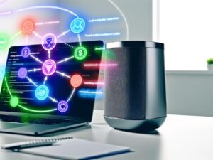 Sonos-Lautsprecher neben Laptop mit offenem API-Dashboard, technischen Integrationsdiagrammen, farbigen Funnels und technischen Icons auf einem modernen Schreibtisch.