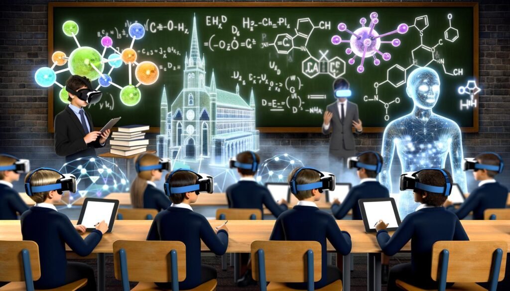 Bild einer futuristischen Schulumgebung mit Lernenden, die VR-Brillen und AR-Headsets tragen, umgeben von leuchtenden 3D-Hologrammen und unterstützt durch einen digitalen KI-Avatar.
