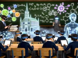Bild einer futuristischen Schulumgebung mit Lernenden, die VR-Brillen und AR-Headsets tragen, umgeben von leuchtenden 3D-Hologrammen und unterstützt durch einen digitalen KI-Avatar.