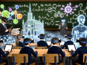 Bild einer futuristischen Schulumgebung mit Lernenden, die VR-Brillen und AR-Headsets tragen, umgeben von leuchtenden 3D-Hologrammen und unterstützt durch einen digitalen KI-Avatar.