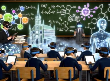 Bild einer futuristischen Schulumgebung mit Lernenden, die VR-Brillen und AR-Headsets tragen, umgeben von leuchtenden 3D-Hologrammen und unterstützt durch einen digitalen KI-Avatar.
