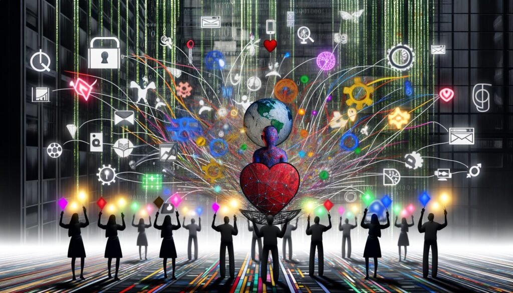 Farbintensive Marke hebt sich im digitalen Einheitsdschungel hervor, verbunden mit Story-Elementen, Symbolen und Datenströmen, während Menschen emotional interagieren.