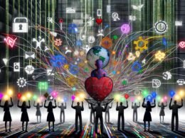 Farbintensive Marke hebt sich im digitalen Einheitsdschungel hervor, verbunden mit Story-Elementen, Symbolen und Datenströmen, während Menschen emotional interagieren.