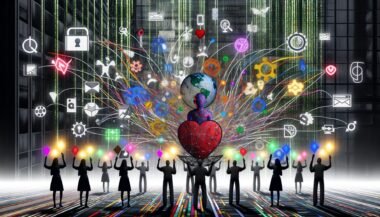 Farbintensive Marke hebt sich im digitalen Einheitsdschungel hervor, verbunden mit Story-Elementen, Symbolen und Datenströmen, während Menschen emotional interagieren.