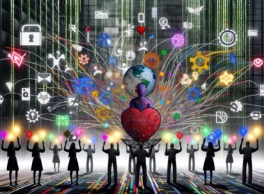 Farbintensive Marke hebt sich im digitalen Einheitsdschungel hervor, verbunden mit Story-Elementen, Symbolen und Datenströmen, während Menschen emotional interagieren.