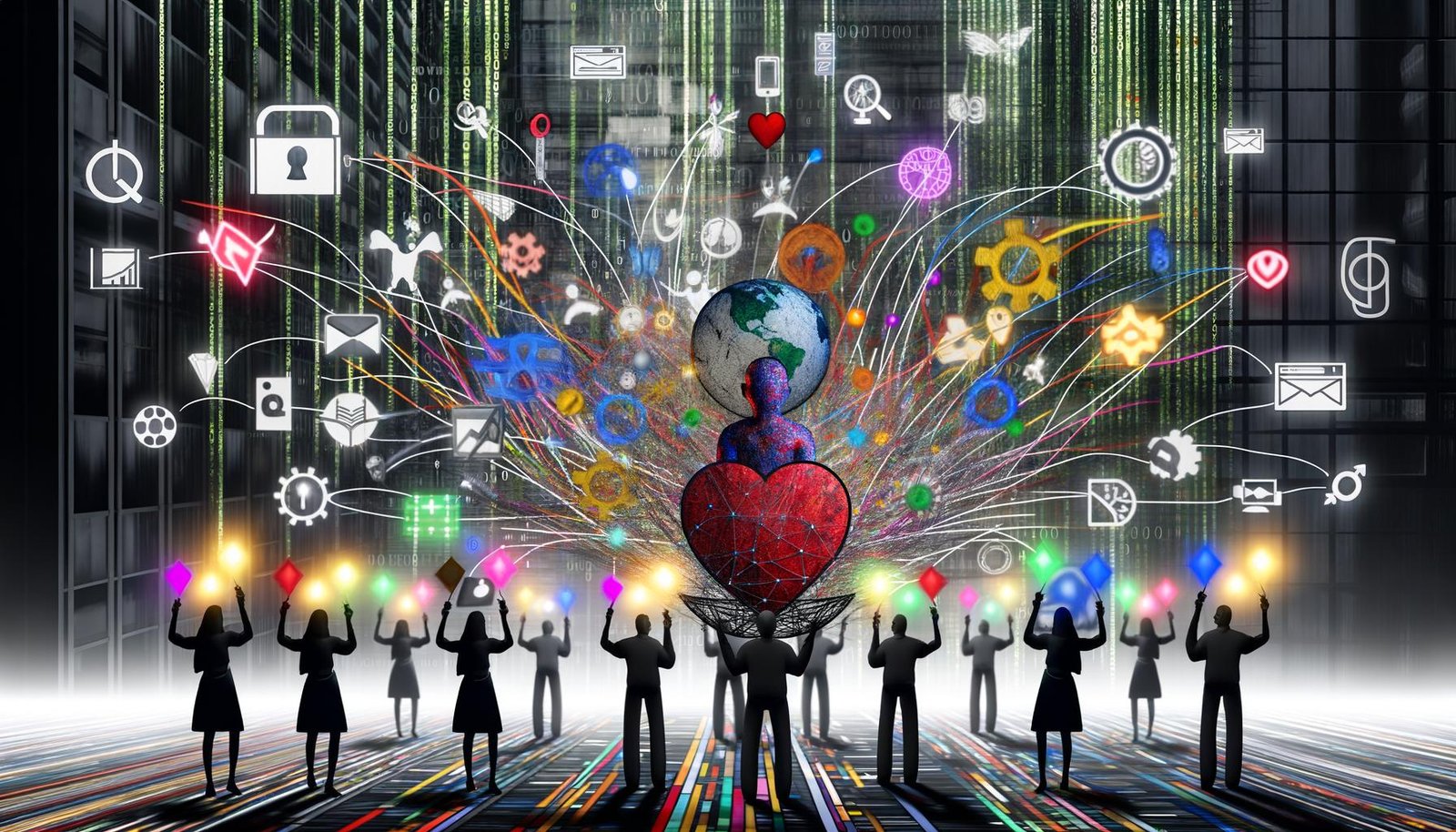Farbintensive Marke hebt sich im digitalen Einheitsdschungel hervor, verbunden mit Story-Elementen, Symbolen und Datenströmen, während Menschen emotional interagieren.