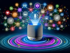 Futuristische Darstellung eines Sonos-Geräts als Zentrum einer modernen Podcast-Marketing-Landschaft mit CRM-Logos, Datenvisualisierungen und digitalen Dashboards im Editorial-Stil.