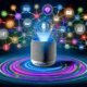 Futuristische Darstellung eines Sonos-Geräts als Zentrum einer modernen Podcast-Marketing-Landschaft mit CRM-Logos, Datenvisualisierungen und digitalen Dashboards im Editorial-Stil.