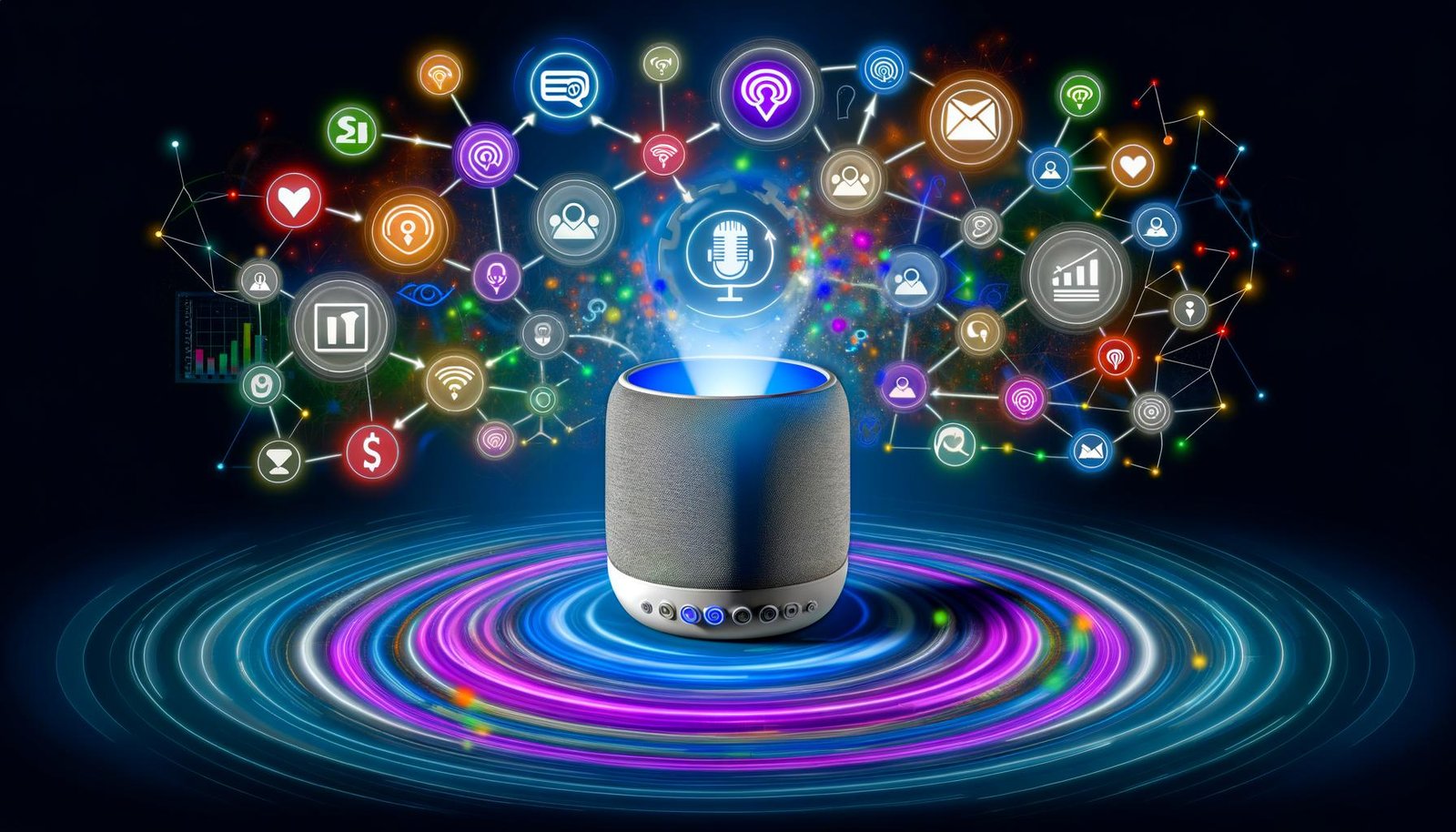 Futuristische Darstellung eines Sonos-Geräts als Zentrum einer modernen Podcast-Marketing-Landschaft mit CRM-Logos, Datenvisualisierungen und digitalen Dashboards im Editorial-Stil.