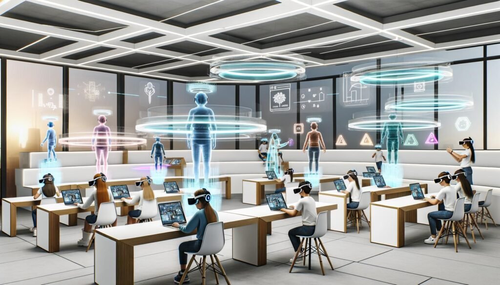 Futuristische Lernumgebung mit Augmented- und Virtual-Reality-Headsets, holografischen Lernobjekten, KI-Avataren und transparenten Dashboards in einem offenen Raum.
