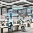 Futuristische Lernumgebung mit Augmented- und Virtual-Reality-Headsets, holografischen Lernobjekten, KI-Avataren und transparenten Dashboards in einem offenen Raum.
