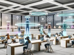 Futuristische Lernumgebung mit Augmented- und Virtual-Reality-Headsets, holografischen Lernobjekten, KI-Avataren und transparenten Dashboards in einem offenen Raum.