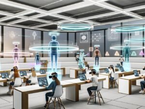 Futuristische Lernumgebung mit Augmented- und Virtual-Reality-Headsets, holografischen Lernobjekten, KI-Avataren und transparenten Dashboards in einem offenen Raum.