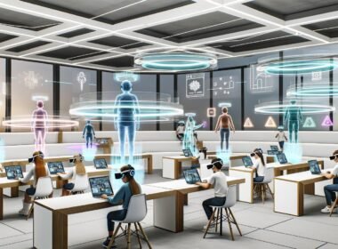 Futuristische Lernumgebung mit Augmented- und Virtual-Reality-Headsets, holografischen Lernobjekten, KI-Avataren und transparenten Dashboards in einem offenen Raum.