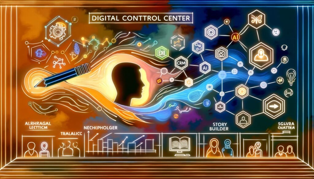 Künstlerische Darstellung eines digitalen Kontrollzentrums mit KI-gesteuerten Dashboards, Marken- und Storytelling-Elementen, leuchtenden Netzen und modernen Farbkontrasten.