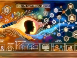 Künstlerische Darstellung eines digitalen Kontrollzentrums mit KI-gesteuerten Dashboards, Marken- und Storytelling-Elementen, leuchtenden Netzen und modernen Farbkontrasten.