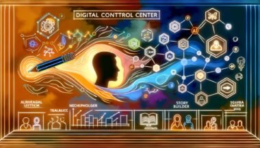 Künstlerische Darstellung eines digitalen Kontrollzentrums mit KI-gesteuerten Dashboards, Marken- und Storytelling-Elementen, leuchtenden Netzen und modernen Farbkontrasten.