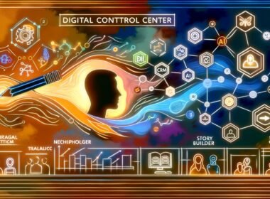 Künstlerische Darstellung eines digitalen Kontrollzentrums mit KI-gesteuerten Dashboards, Marken- und Storytelling-Elementen, leuchtenden Netzen und modernen Farbkontrasten.