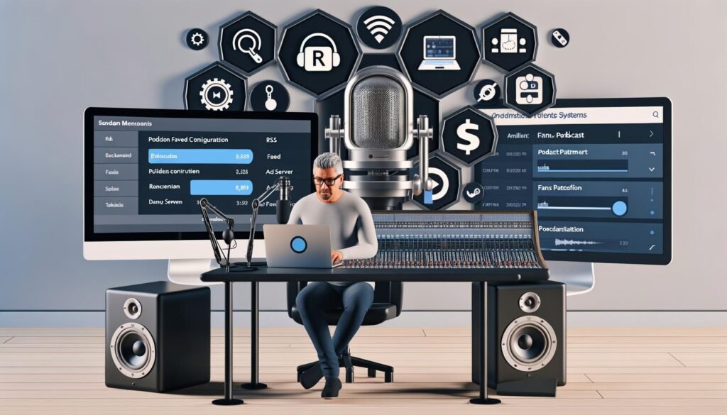 Erfahrener Podcaster in modernem Studio mit Mischpult, Laptop, Mikrofonen, Kopfhörern, sichtbaren Podcast-Einstellungen und Sonos-Lautsprecher im Hintergrund